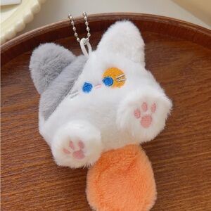 Adorable Long Tail Plush Cat Bag Charm - White, Gray, and Orange colors.